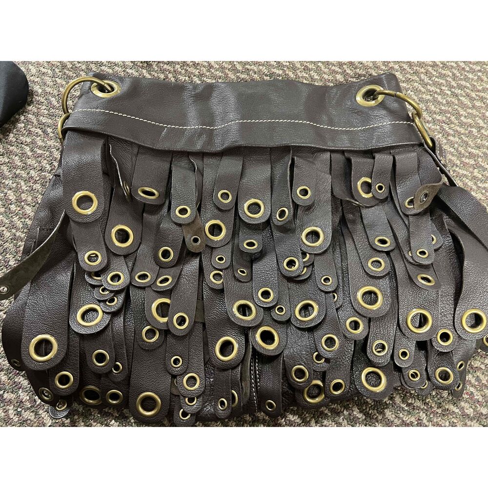 Maxx New York Womens Black Leather Fringe Detail Grommet Accents Handbag Size L